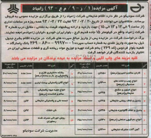 فروش اقلام ضایعاتی شرکت زامیاد 