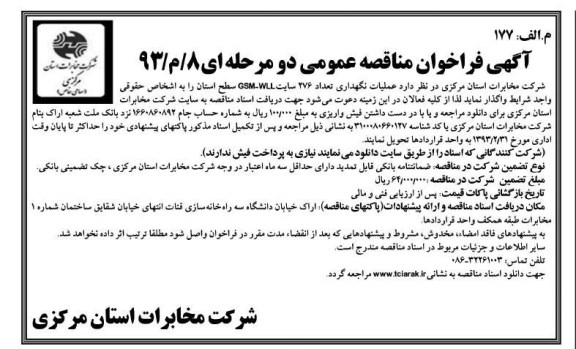 عملیات نگهداری تعداد 276 سایت GSM-WLL سطح استان 
