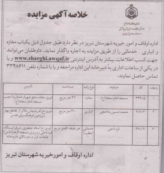 واگذاری به اجاره یک باب مغازه و انباری خدماتی