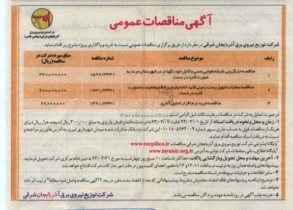 مناقصه جایگزینی شبکه هوای مسی با کابل خودنگهدار ....
