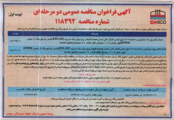 6500 عدد فیلتر کارتریج مورد نیاز یکساله 