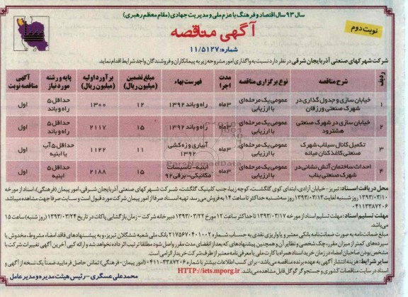 واگذاری خیابان سازی و جدول گذاری و تکمیل کانال سیلاب و ...