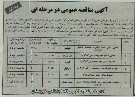 اجرای شش باب پروژه ورزشی شامل تکمیل سالن چند منظوره مجموعه ورزشی، تکمیل استخر و ...