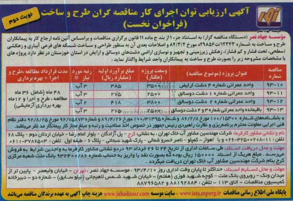 اگهی ارزیابی توان اجرای کار مناقصه گران ,طراحی و ساخت شبکه های فرعی آبیاری و زهکشی