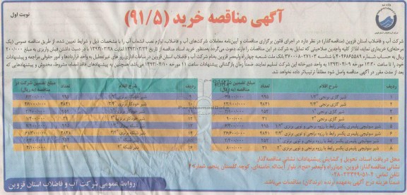 آگهی مناقصه خرید , لوازم نصب انشعاب آب 