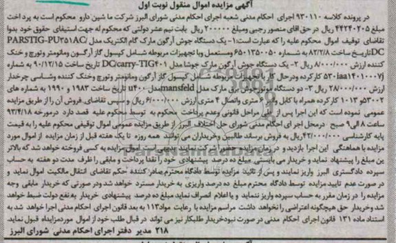 آگهی مزایده , فروش یک دستگاه جوش آرگون