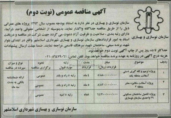 آگهی مناقصه عمومی , واگذاری پروژه ترمیم و لکه گیری دستی آسفالت  و ...