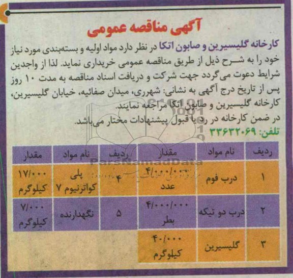 آگهی مناقصه عمومی, خرید مواد اولیه و بسته بندی 