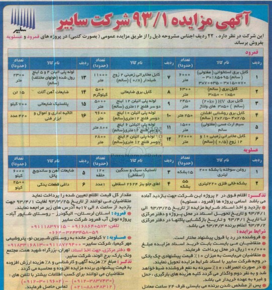 اگهی مزایده ,فروش کابل برق استخوانی و ...