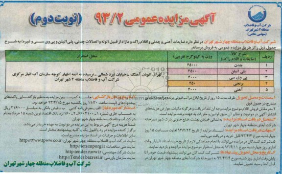 آگهی مزایده عمومی , فروش ضایعات آهنی و چدنی و اقلام راکد و مازاد