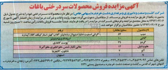 آگهی مزایده,فروش محصولات سردرختی باغات 