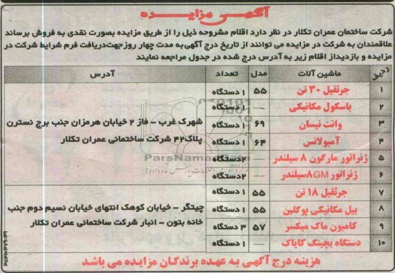 اگهی مزایده ,فروش چرثقیل و ...