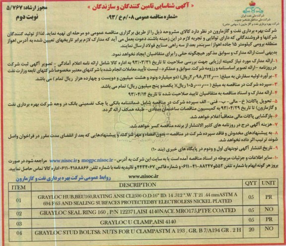 مناقصه عمومی , GRAYLOC HUB, BEU160, RATING ANSI CL2500