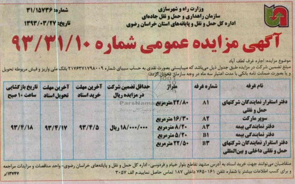 آگهی مزایده عمومی, اجاره غرف لطف آباد 