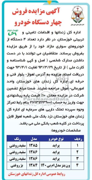 آگهی مزایده , خودروهای سواری مازاد 