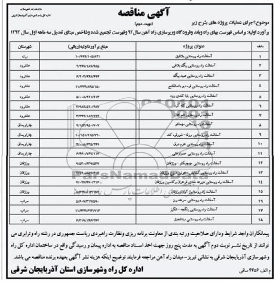 آگهی مناقصه, آسفالت راه روستایی ....