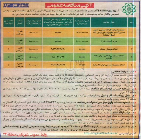 آگهی مناقصه عمومی , عملیات اجرایی کارگاه عمران و تامین ماشین آلات و تجهیزات فوریتهای 137