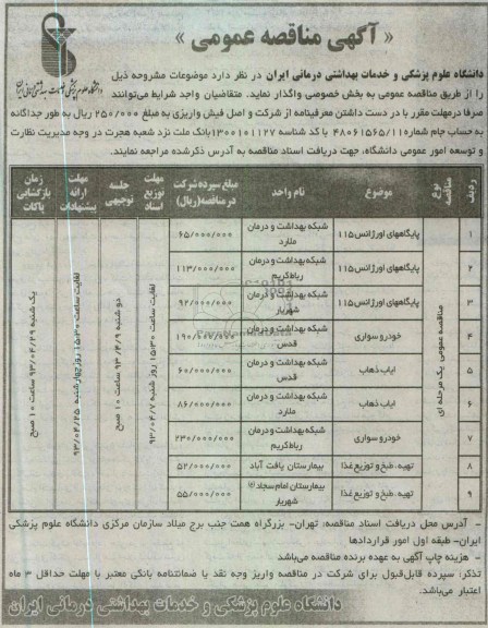 آگهی مناقصه عمومی ,  پایگاه های اورژانس 115