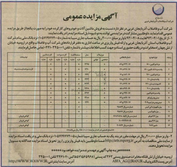 آگهی مزایده عمومی , فروش ماشین آلات و خودروهای کارکرده 
