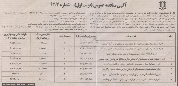 آگهی مناقصه عمومی, اجرای استانداردسازی سیستمهای گرمایشی مدارس مناطق....