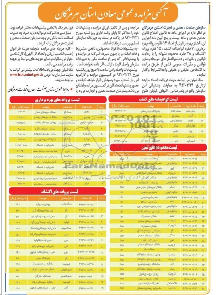 آگهی مزایده عمومی , امتیاز بهره برداری از تعداد 14 فقره پروانه بهره بردای ، 7 فقره گواهینامه کشف ...