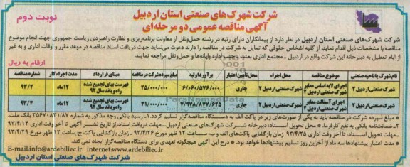 آگهی مناقصه عمومی دو مرحله ای,  اجرای لایه اساس معابر شهرک صنعتی ...
