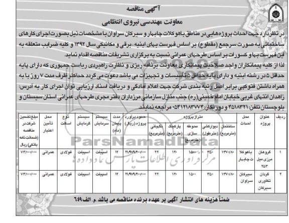 آگهی مناقصه , احداث پروژه هایی در مناطق باهوکلات چابهار 