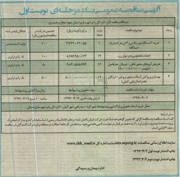 آگهی مناقصه عمومی یک مرحله ای , خرید 2 دستگاه لودر (5 تن و 4 تن هر کدام یک دستگاه)...