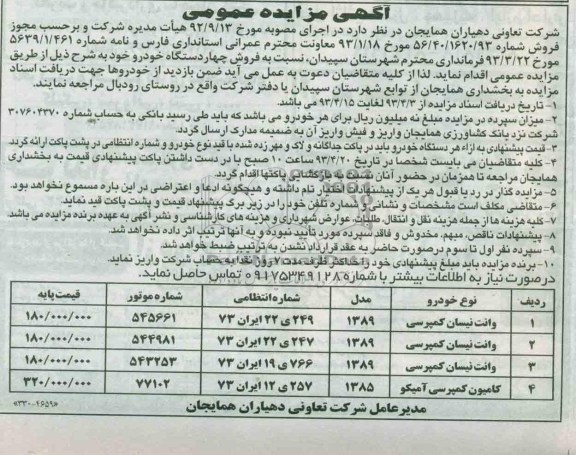 آگهی مزایده عمومی , فروش چهاردستگاه خودرو