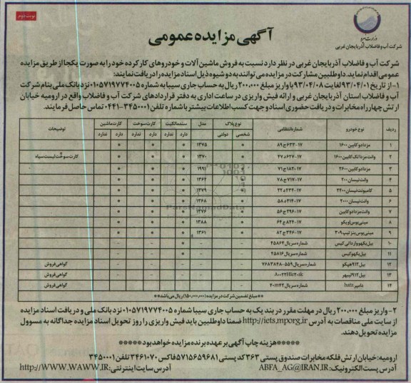 آگهی مزایده عمومی , فروش ماشین آلات و خودروهای کارکرده 
