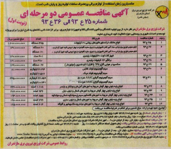آگهی مناقصه عمومی خریداری انواع مختلف ترانسفورماتورهای روغنی 20 کیلوولت و ..
