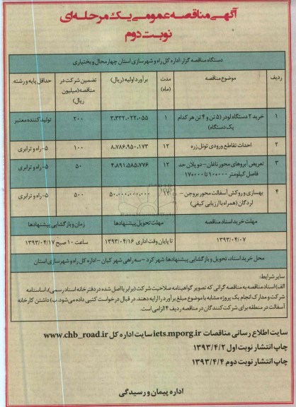آگهی مناقصه عمومی یک مرحله ای , خرید 2 دستگاه لودر (5 تن و 4 تن هر کدام یک دستگاه)...