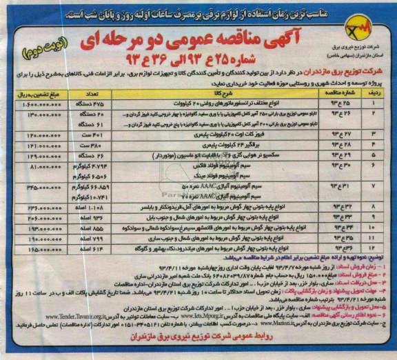 آگهی مناقصه عمومی خریداری انواع مختلف ترانسفورماتورهای روغنی 20 کیلوولت و ..