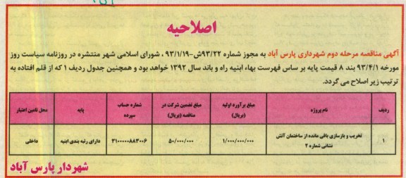 اصلاحیه,تخریب و بازسازی باقی مانده از ساختمان