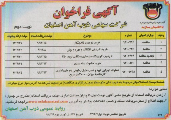 آگهی فراخوان , خرید دو عدد تاندیشکار