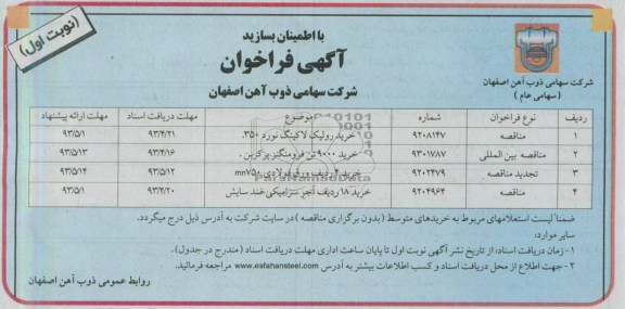 آگهی فراخوان, خرید رولیک لاکینگ نورد، فرومنگنز پرکربن و ...