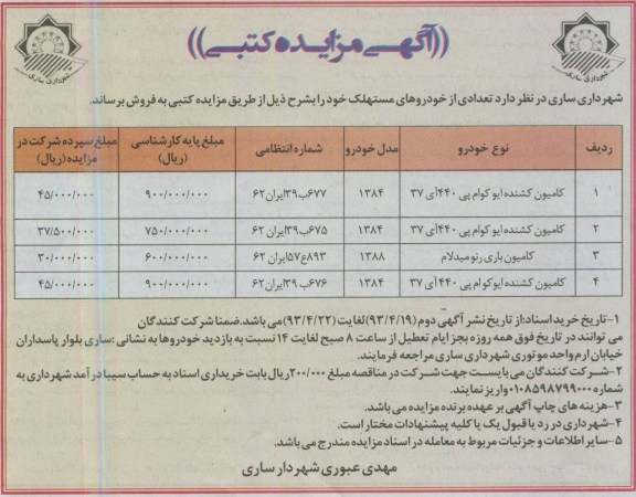 آگهی مزایده کتبی, مزایده فروش تعدادی از خودروهای مستهلک