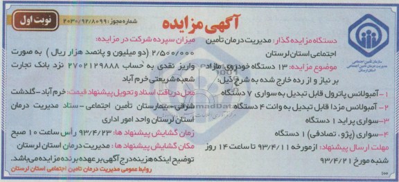 آگهی مزایده , مزایده 13 دستگاه خودروی مازاد بر نیاز