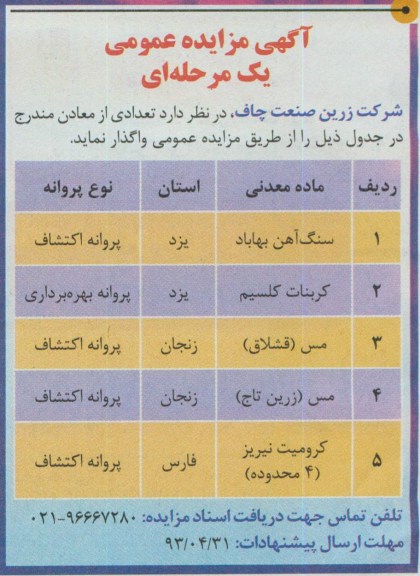 آگهی مزایده عمومی یک مرحله ای,مزایده سنگ آهن