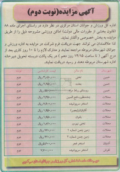 اگهی مزایده,مزایده واگذاری اماکن ورزشی