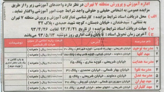 اگهی مزایده,مزایده واحدهای آموزشی 