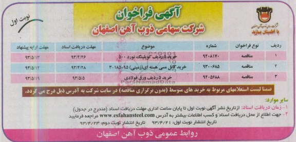 آگهی فراخوان ,فراخوان خرید 5 ردیف کوپلینگ نورد 500 