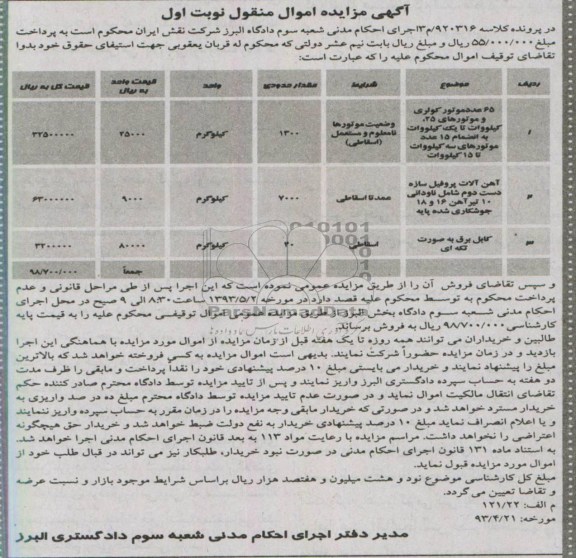 آگهی مزایده اموال منقول , مزایده 65 عدد موتور کولری ، آهن الات پروفیل و ...