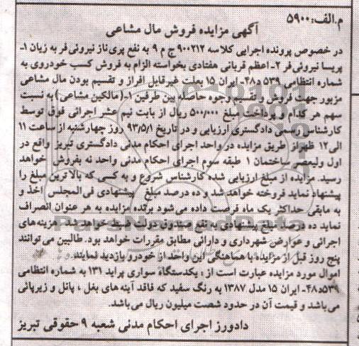 آگهی مزایده فروش مال مشاعی , مزایده یک دستگاه سواری پراید 131