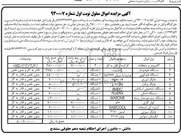 اگهی مزایده اموال منقول,مزایده فروش کامپیوتر و متعلقات و ...