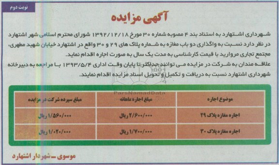 آگهی مزایده, مزایده اجاره مغازه