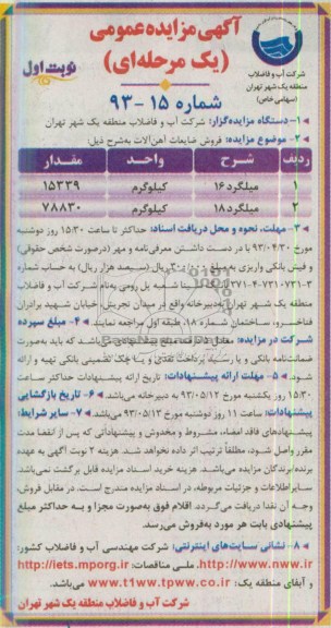آگهی مزایده عمومی یک مرحله ای,مزایده فروش ضایعات آهن آلات