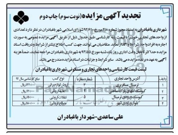 تجدید اگهی مزایده, مزایده فروش تعدادی از واحدهای تجاری خود
