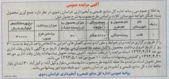 آگهی مزایده عمومی , مزایده جمع آوری محصول پسته جنگل 