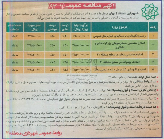 آگهی مناقصه عمومی, آگهی مناقصه عمومی ترمیم و نگهداری ترمینالهای حمل و نقل عمومی، اصلاح هندسی و...